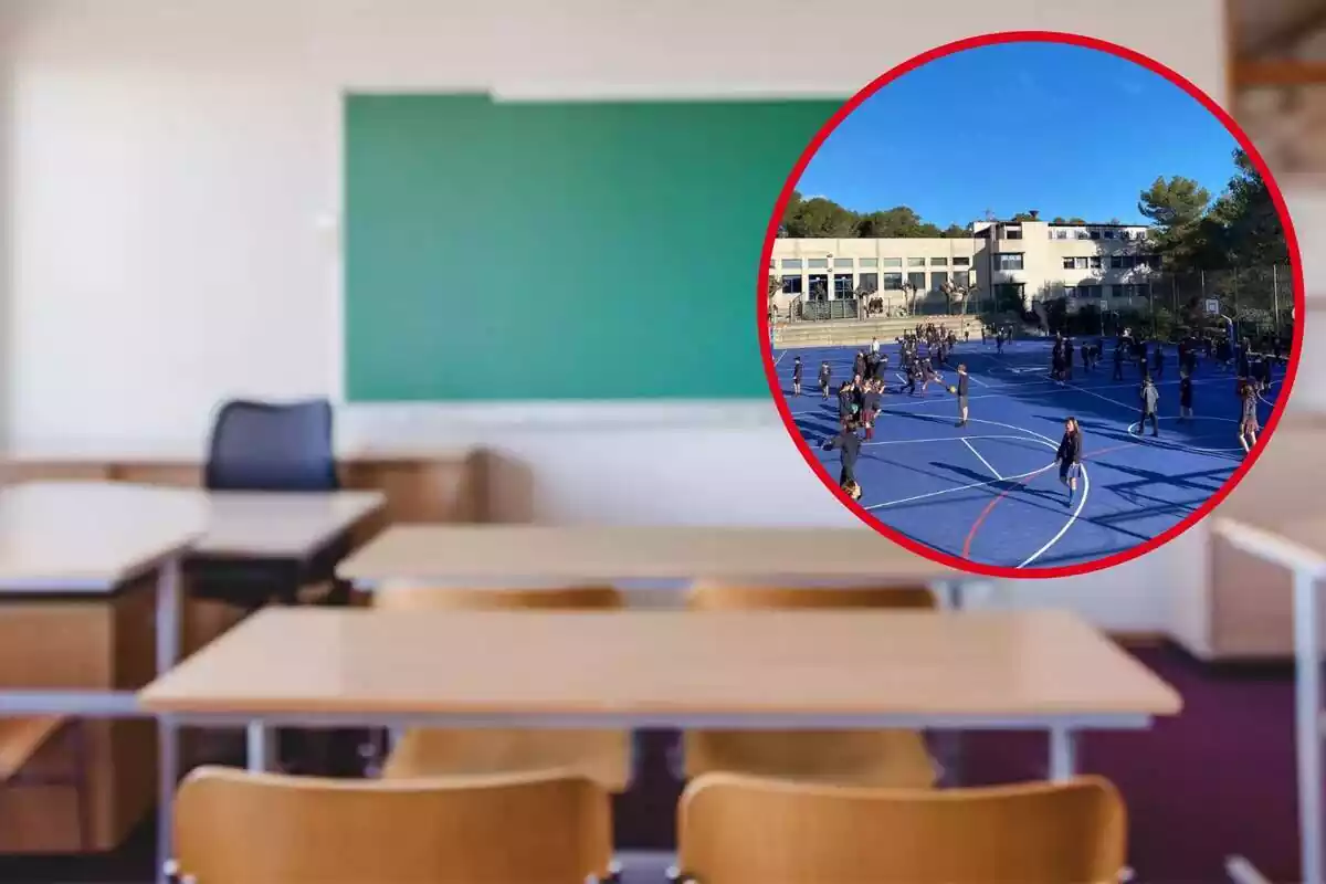 Fotomontaje con una imagen de fondo de una escuela y al frente una redonda roja con el Ágora Sant Cugat
