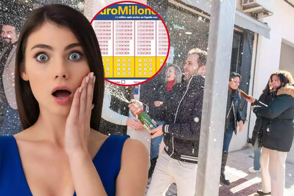 Fotomontaje Euromillones y una mujer con cara de sorpresa