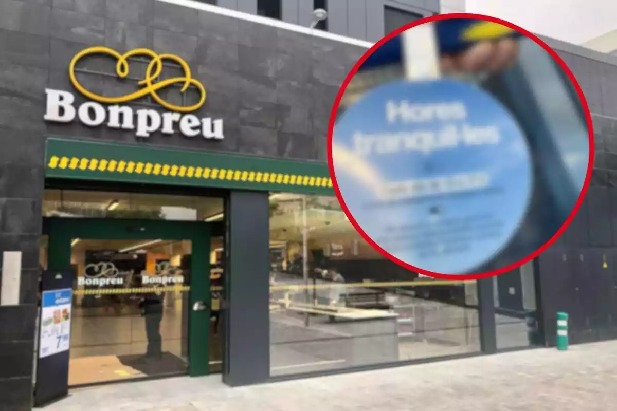 Fotomontaje con una imagen del exterior de un supermercado Bonpreu Esclat y una redonda roja con el cartel de las horas tranquilas del supermercado difuminado