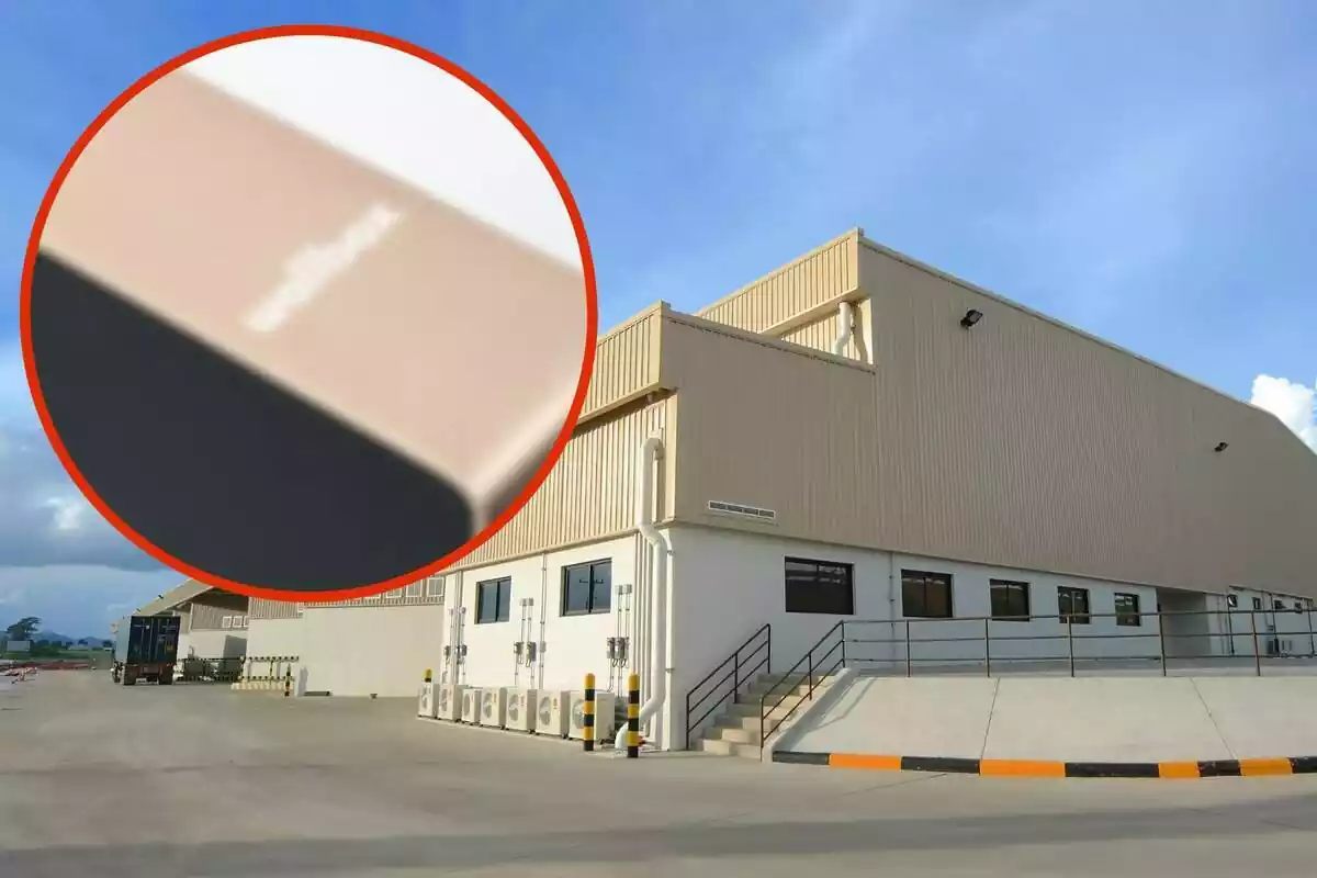 Fotomontaje con una imagen de una fábrica de fondo y al frente una redonda roja con el logo difuminado de Wallbox