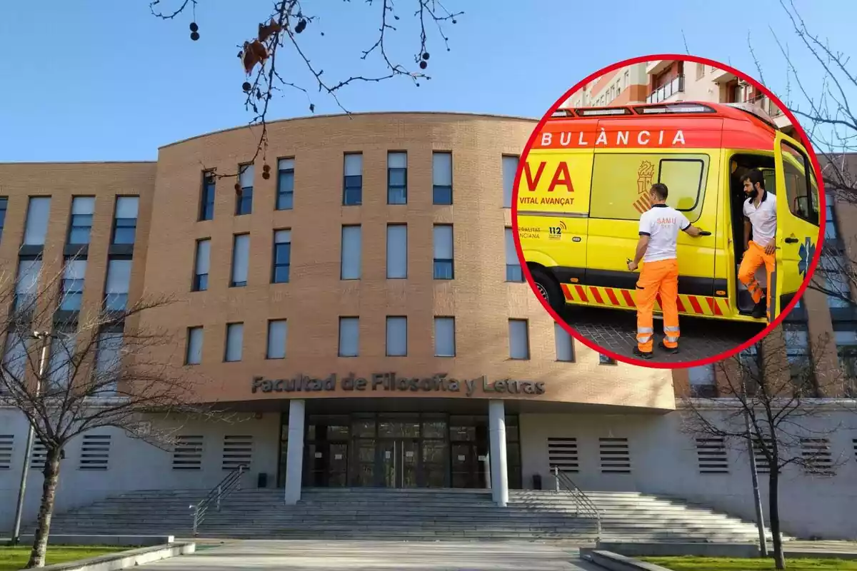 Fotomontaje de la Facultad de Filosofía y Letras de la Universidad de Valladolid con una ambulancia