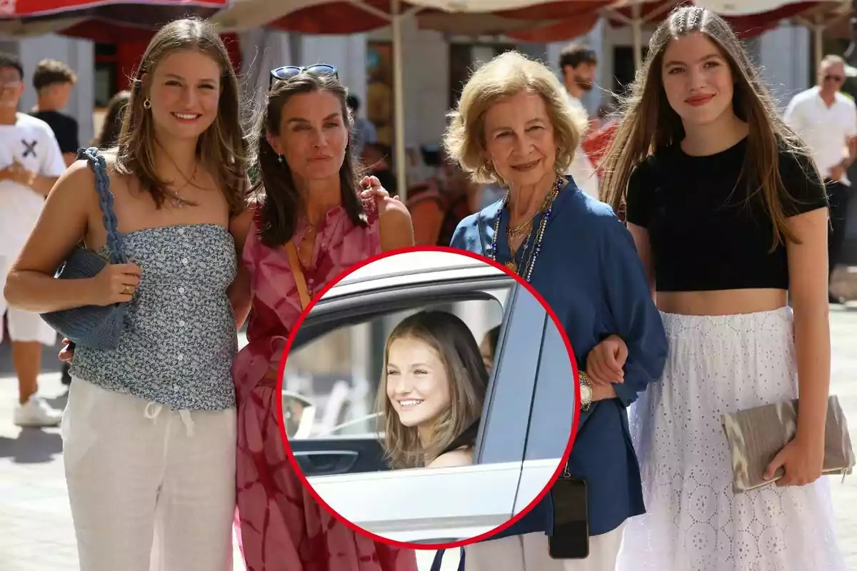 Un grupo de cuatro mujeres posando al aire libre, con una imagen insertada en un círculo rojo que muestra a una de ellas sonriendo desde el interior de un coche.