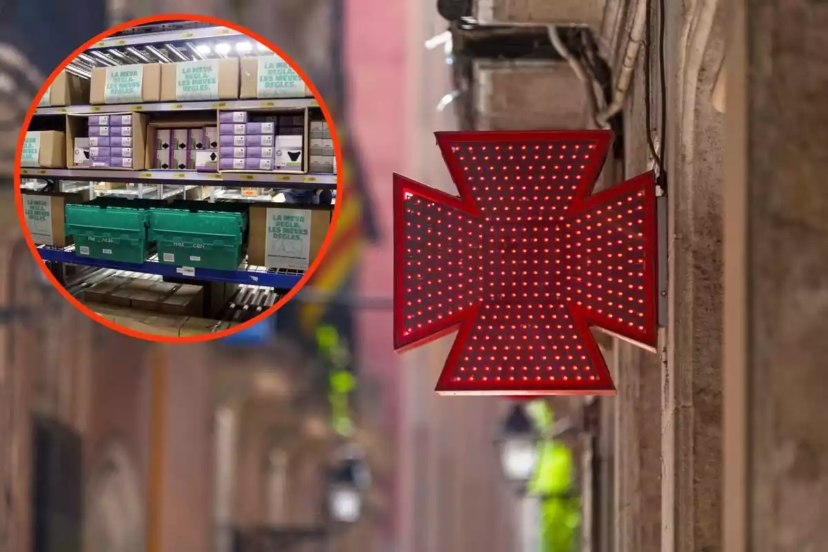 Fotomontaje con una imagen de fondo de una farmacia de Barcelona y al frente una redonda roja con el stock de productos menstruales