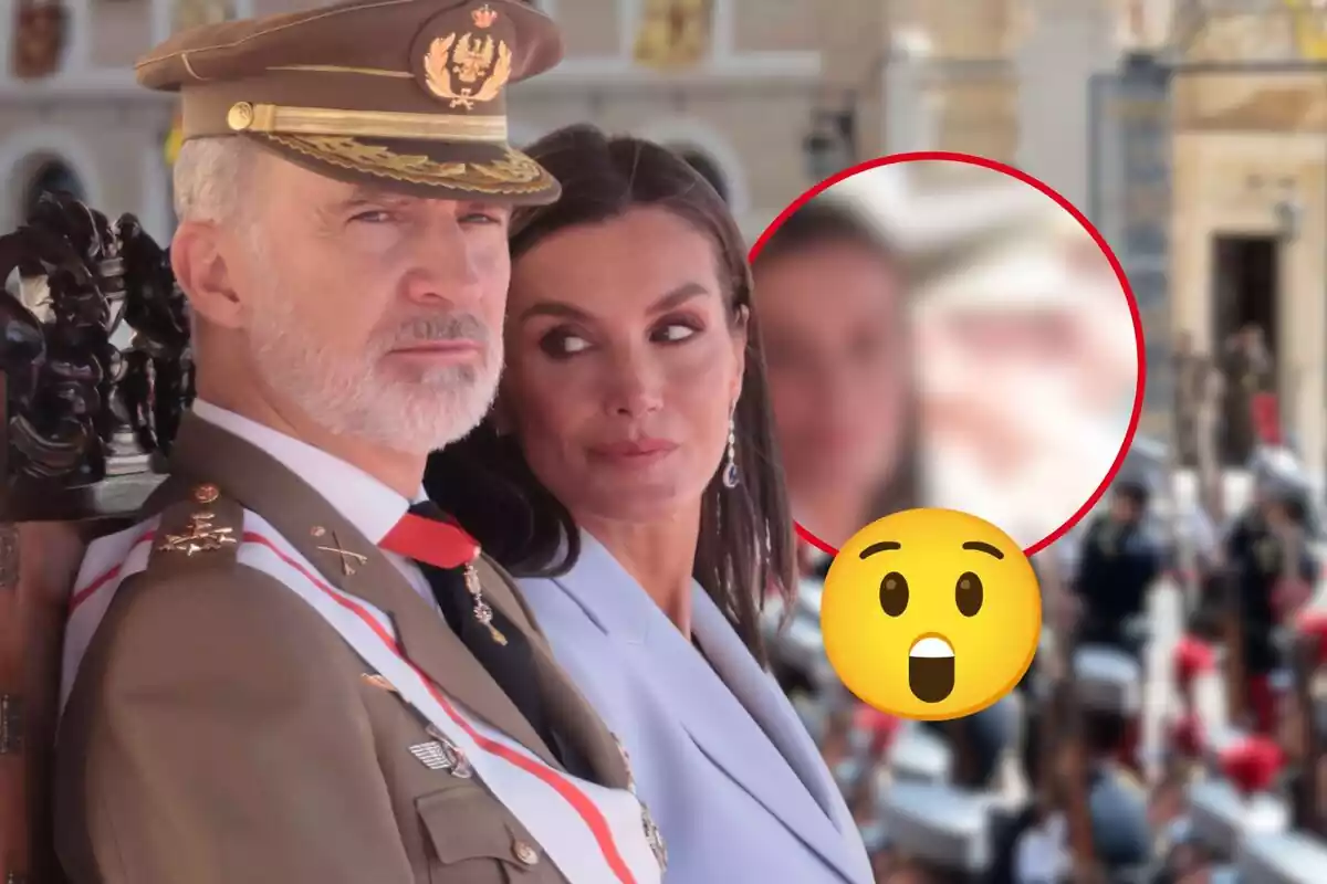 Fotomontaje del rey Felipe y la reina Letizia en la jura de bandera y un emoticono de sorpresa