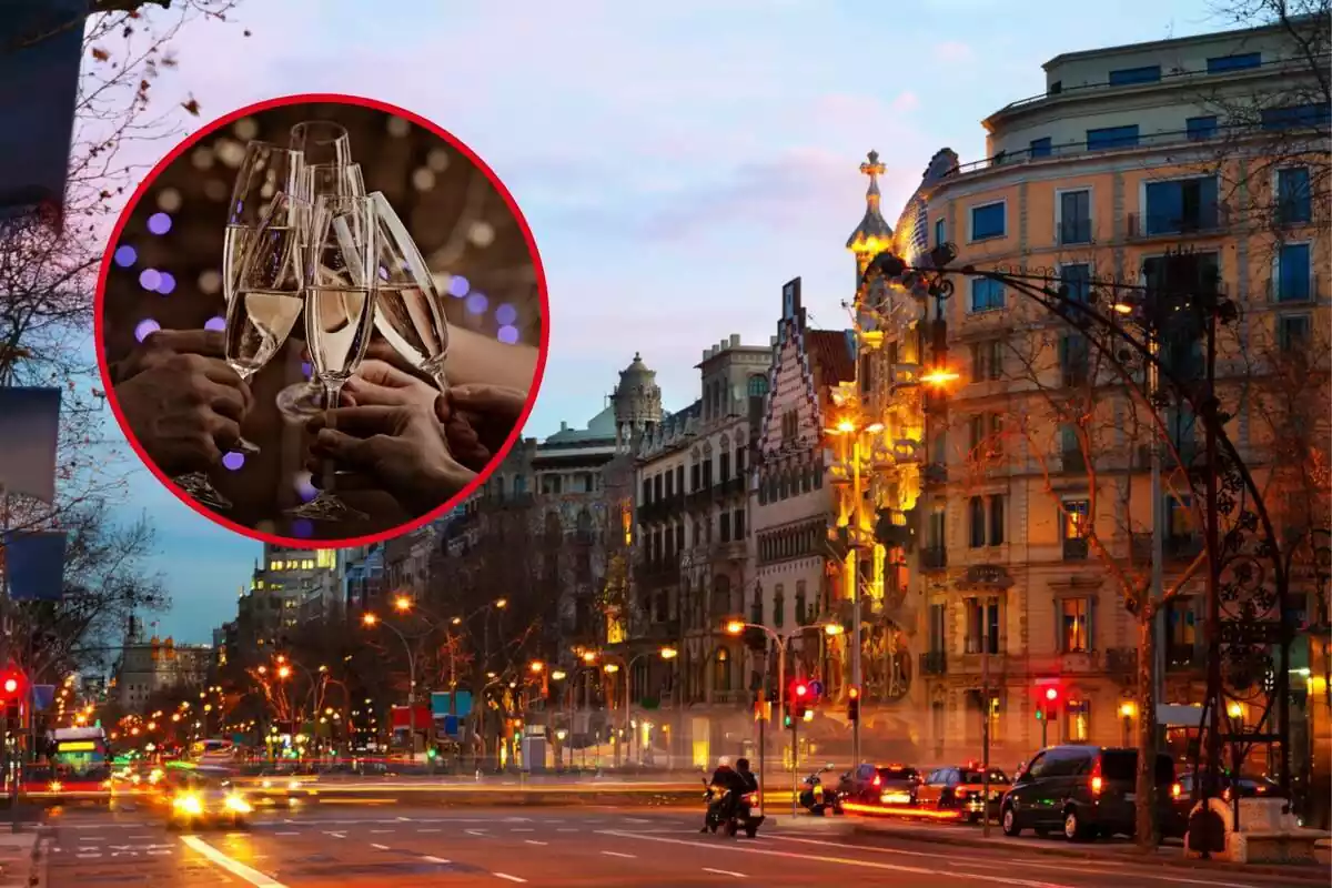 Montaje fotográfico entre una imagen de la ciudad de Barcelona y unas copas de cava brindando