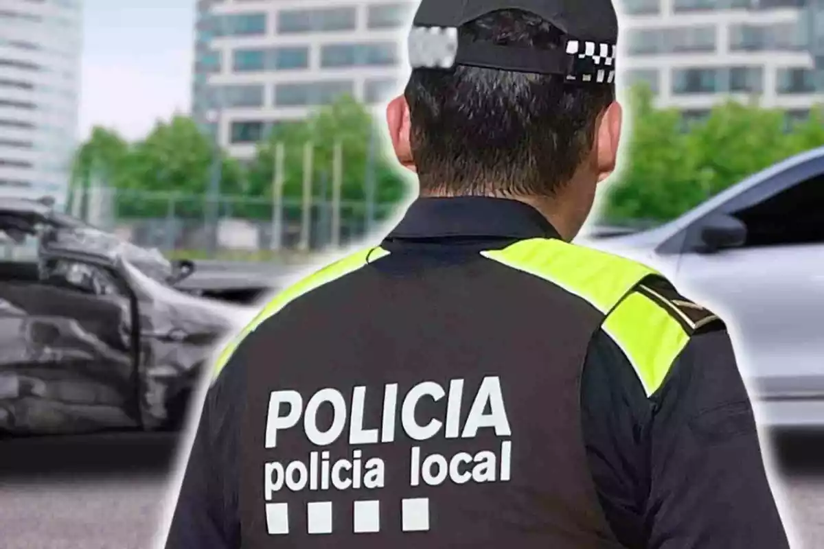 Fotomontaje con una imagen de fondo de un accidente y al frente un agente de la Policía Local