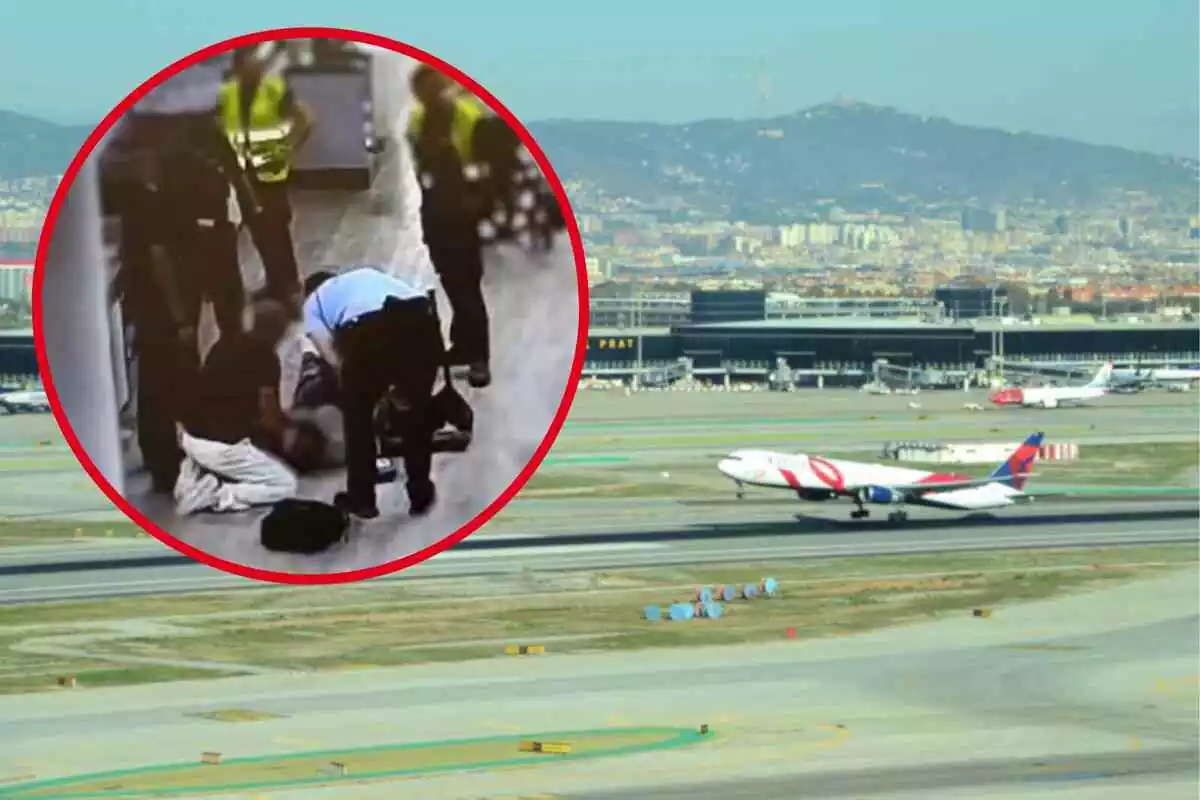 Fotomontaje con un fondo del aeropuerto del Prat en Barcelona y una redonda roja con el hombre en parada