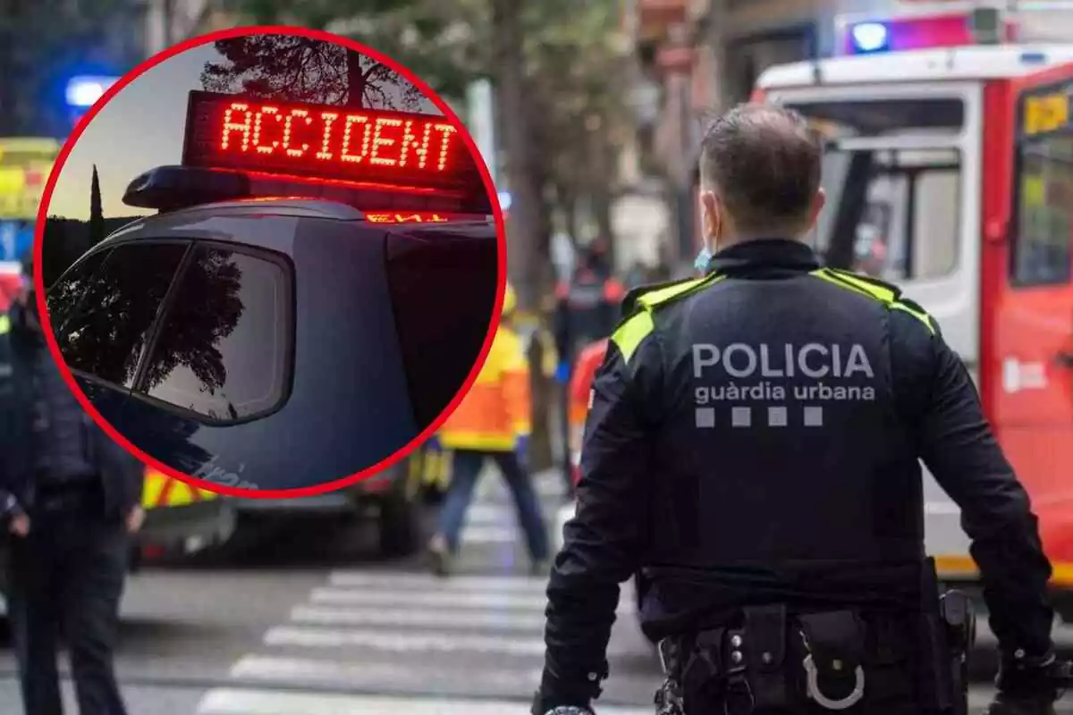 Fotomontaje con una imagen de fondo de un agente de la Guàrdia Urbana y una redonda roja al frente informando de un accidente