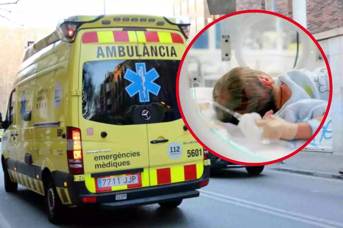Fotomontaje con un fondo de una ambulancia del SEM y al frente una redonda roja con un bebé en el hospital