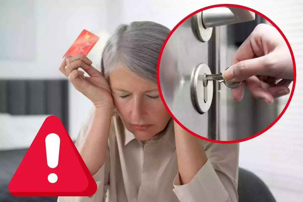 Fotomontaje con una imagen de fondo de una anciana con una tarjeta de crédito en la mano y al frente una redonda roja con un símbolo de alerta y una redonda roja con una llave en una cerradura
