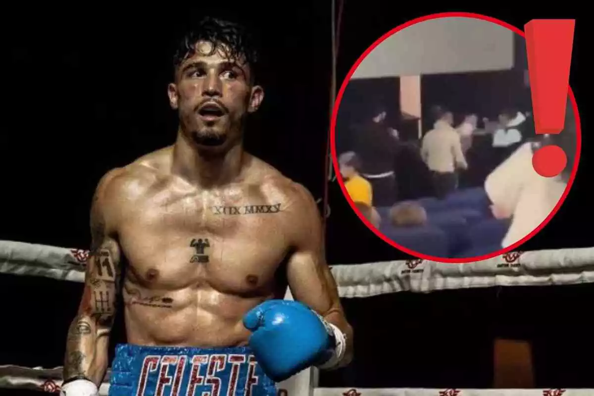 Fotomontaje con una imagen del boxeador Antonio Barrul en el ring y al frente una redonda roja con la agresión en el cine de León y una exclamación