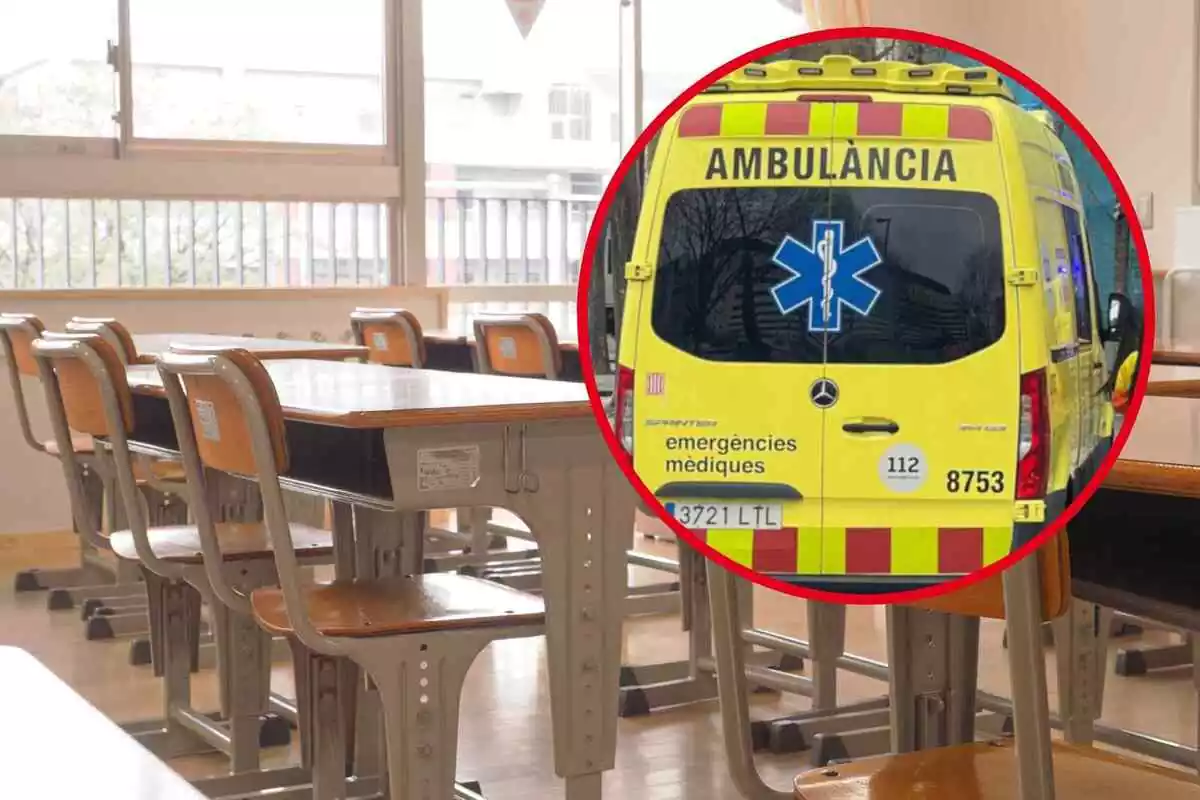 Fotomontaje con un fondo de una aula de un colegio y una redonda roja al frente con una ambulancia del SEM