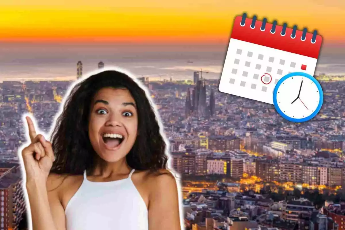 Fotomontaje con una imagen de fondo de Barcelona y al frente una mujer emocionada y un emoji de un calendario