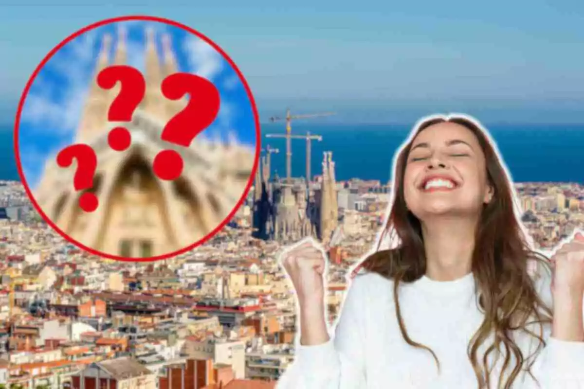 Fotomontaje con una imagen de fondo de Barcelona y al frente una mujer emocionada y una redonda roja con la catedral de Barcelona difuminada y interrogantes