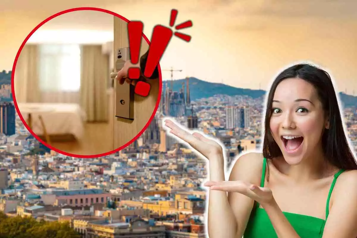 Fotomontaje con una imagen de fondo de Barcelona, al frente una mujer feliz y una redonda roja con la entrada a un hotel y signos de exclamación