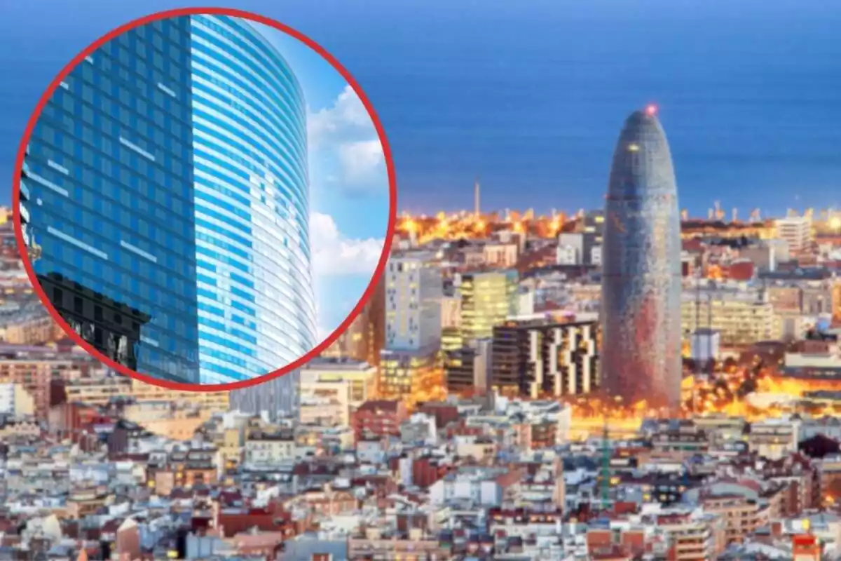 Fotomontaje con una imagen de fondo de Barcelona y al frente una redonda roja con unas oficinas de un edificio