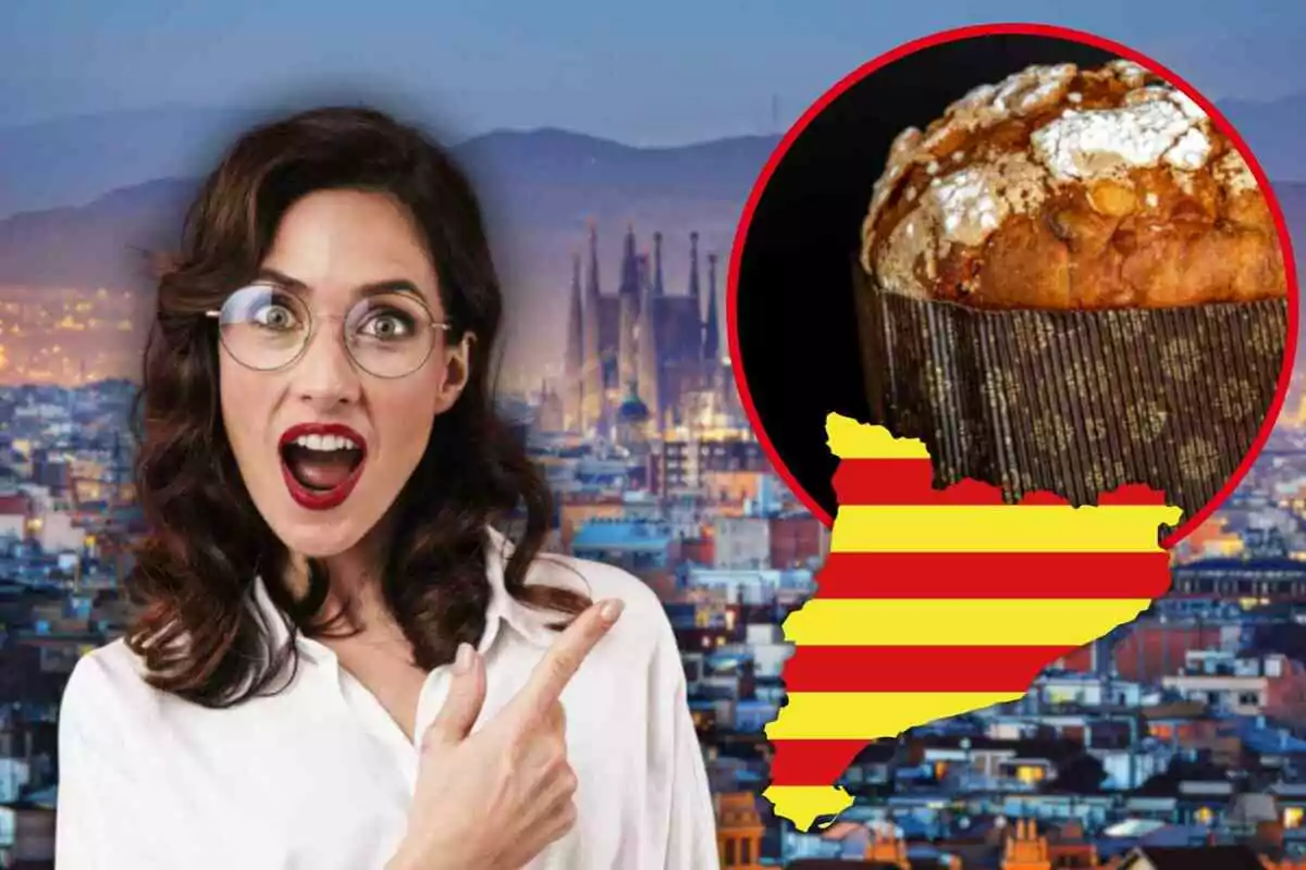 Mujer sorprendida con gafas señalando un panettone en un círculo rojo sobre un fondo de Barcelona con una silueta de Cataluña con la bandera catalana.