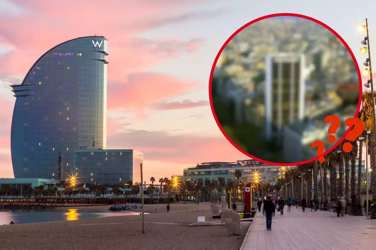 Fotomontaje con una imagen de fondo de la playa de Barcelona y al frente una redonda roja con una imagen difuminada de la torre del Banco Sabadell con interrogantes
