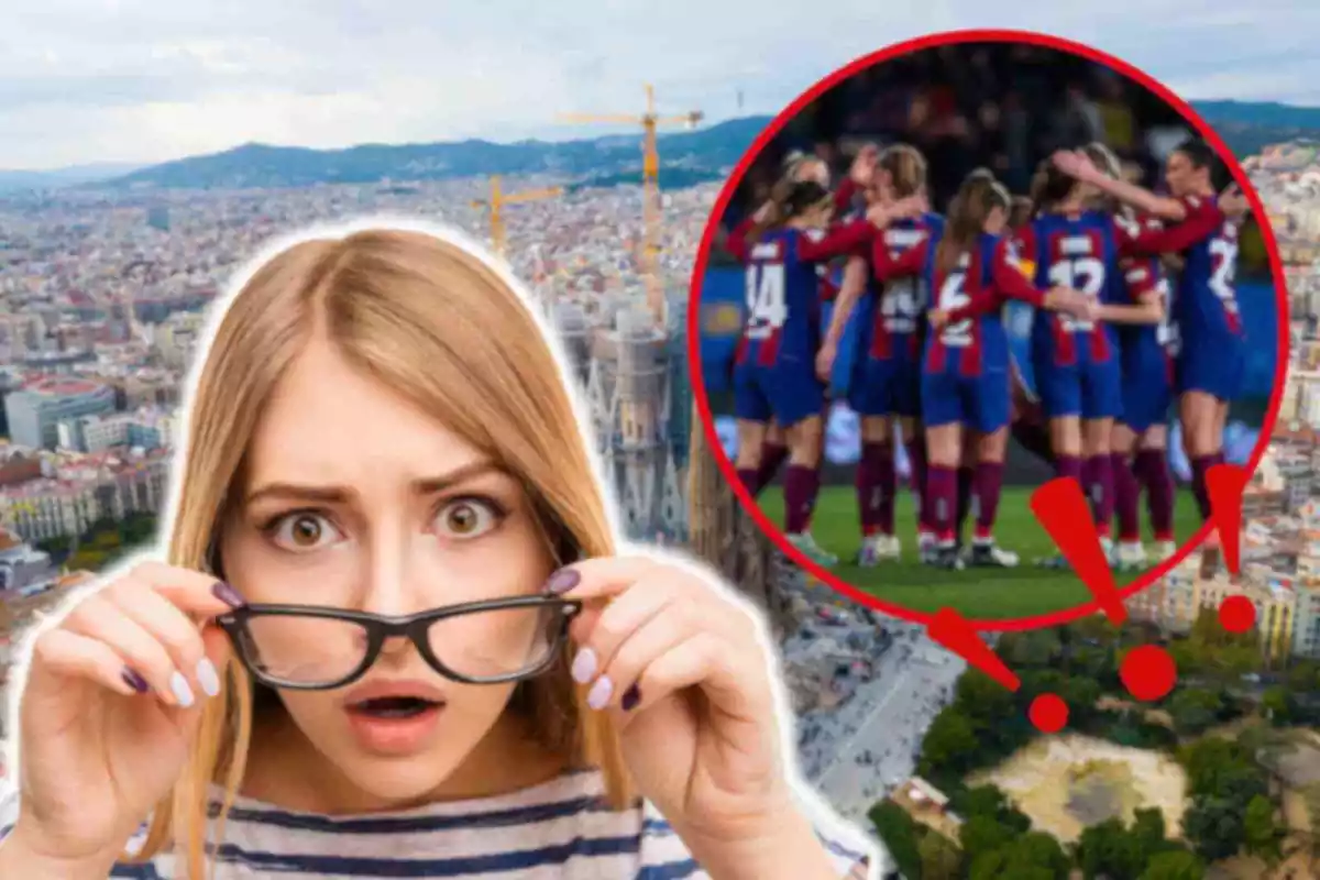 Fotomontaje con una imagen de fondo de Barcelona, al frente una redonda roja con el equipo femenino del Barça y una mujer sorprendida