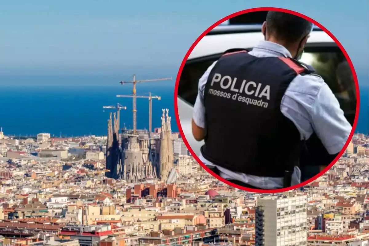 Fotomontaje con una imagen de fondo de Barcelona y una redonda roja con un agente de los Mossos