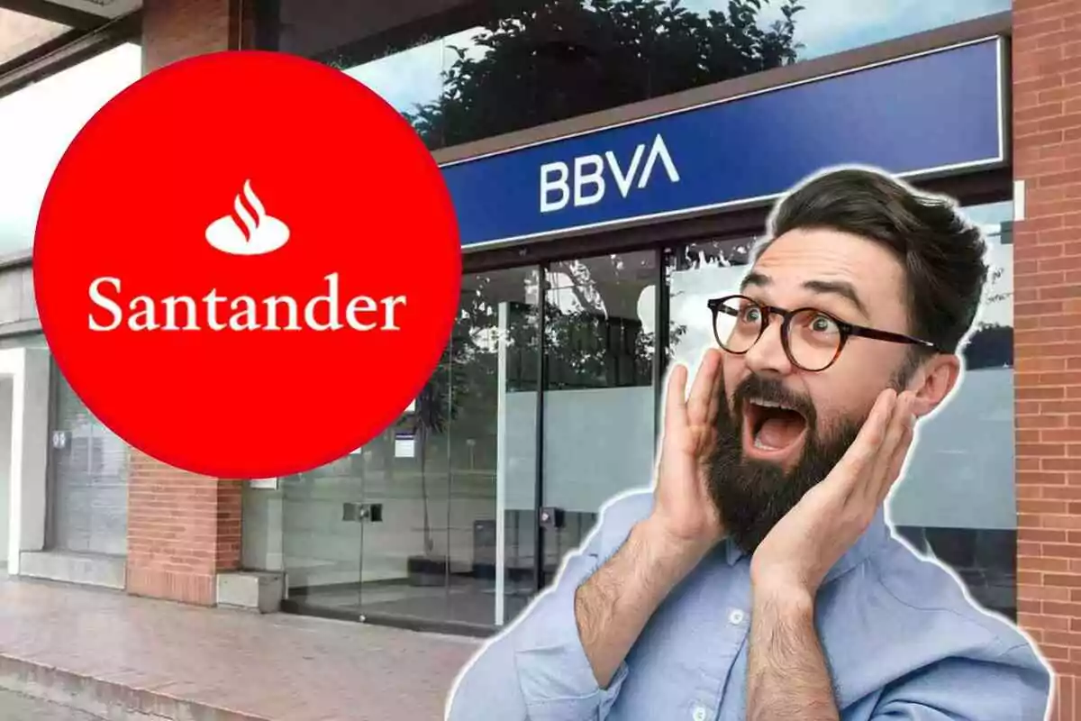 Un hombre con barba y gafas parece sorprendido frente a una sucursal de BBVA, mientras un logotipo de Santander aparece en un círculo rojo a la izquierda.