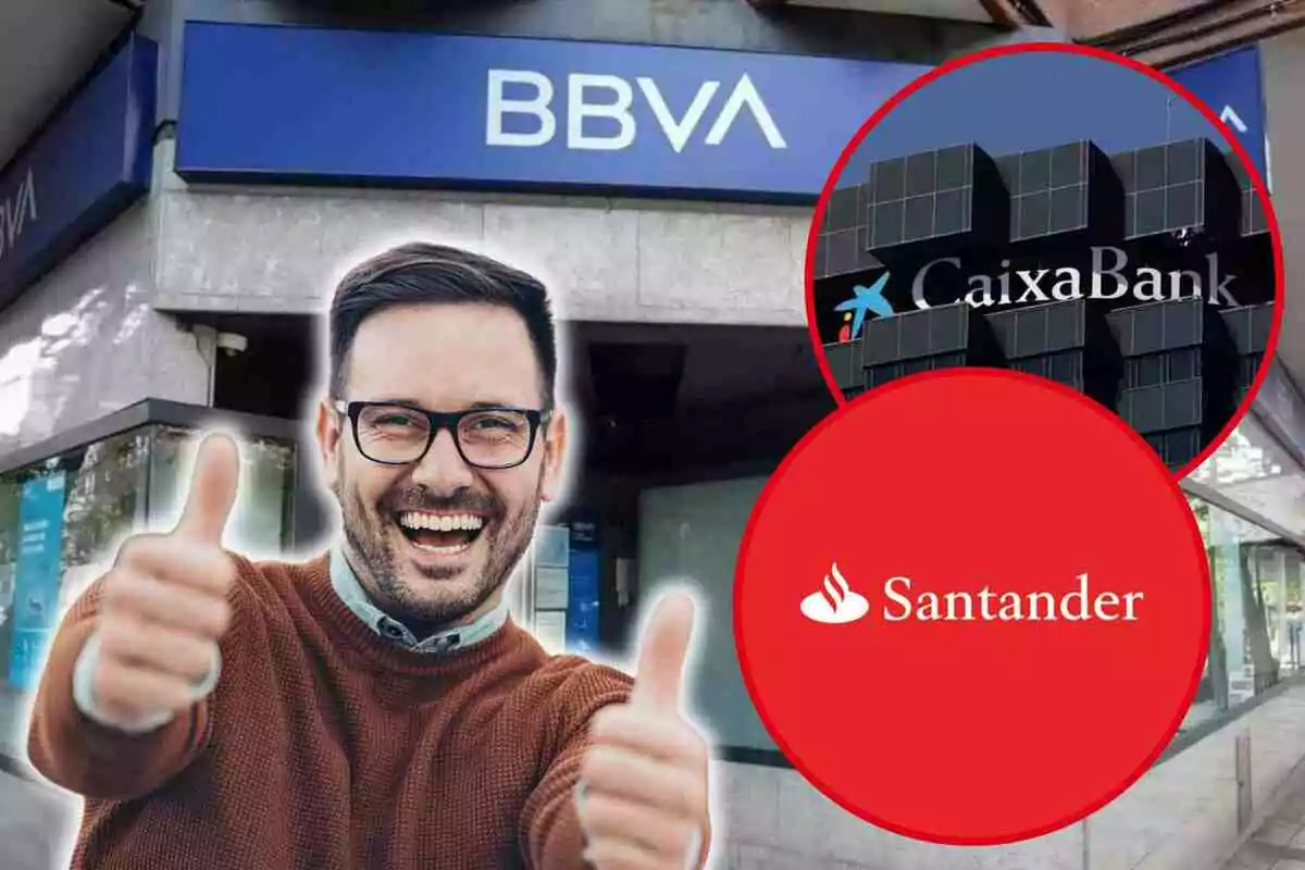 Fotomontaje con una imagen de fondo del BBVA, al frente dos redondas rojas con CaixaBank y el Banco Santander y un hombre alegre