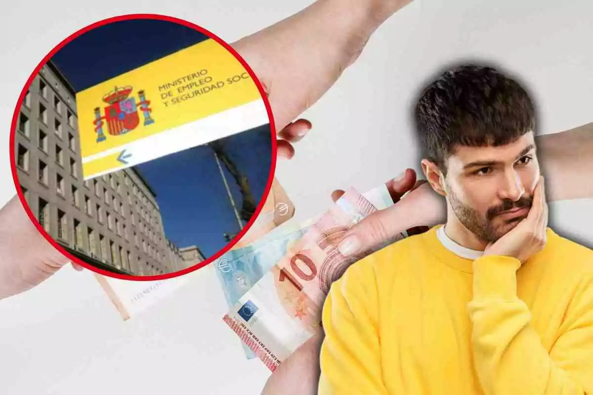 Fotomontaje con una imagen de fondo de billetes de euro y al frente una redonda roja con la Seguridad Social y un hombre preocupado