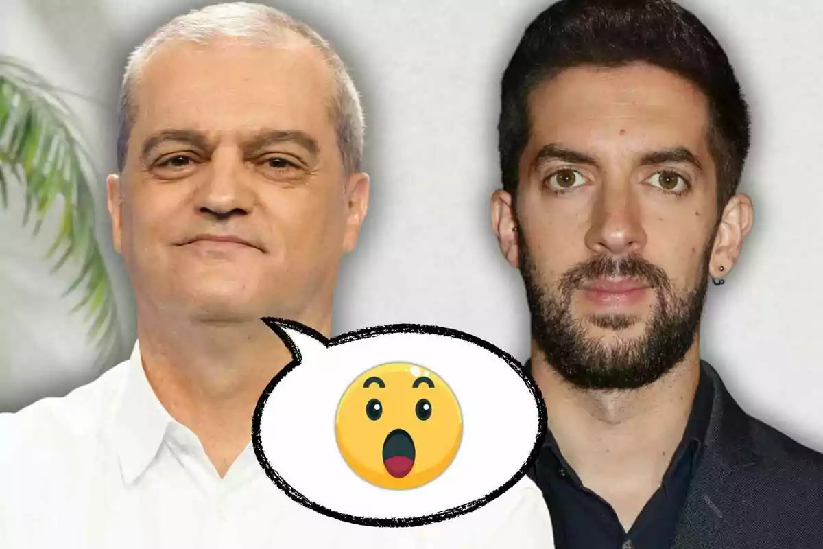 Ramón García con cabello canoso y David Broncano con cabello oscuro y barba, con una burbuja de diálogo en el centro que contiene un emoji de cara sorprendida.