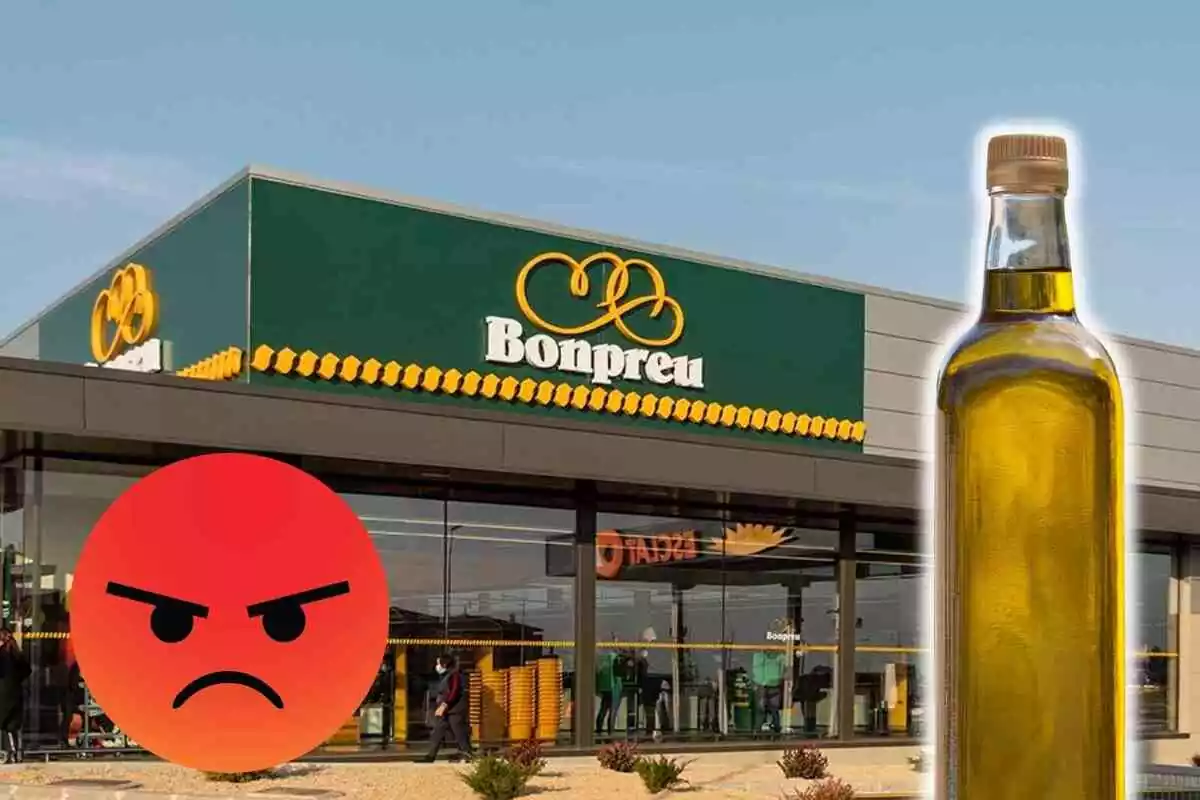 Fotomontaje con una imagen de fondo de un supermercado Bonpreu y al frente una botella de aceite de oliva y un emoji con cara enfadada