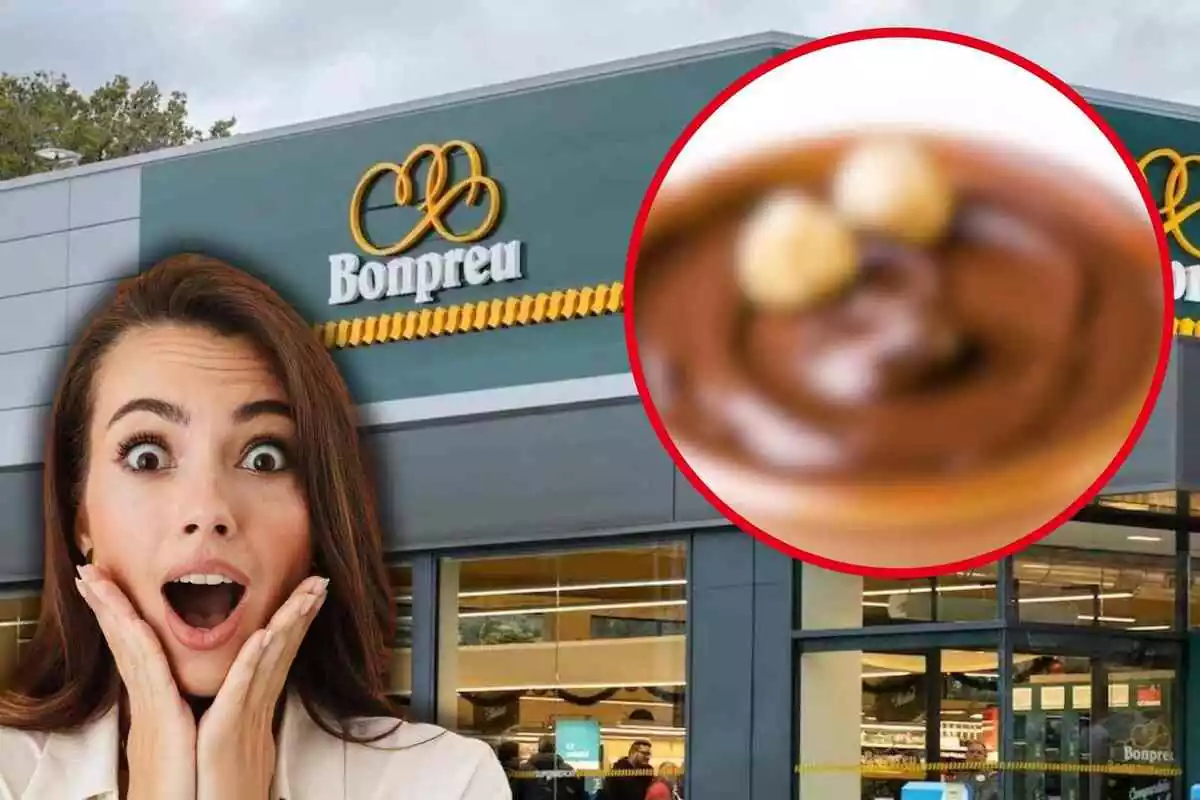 Fotomontaje con una imagen de fondo de un supermercado Bonpreu, una persona emocionada al frente y una redonda roja con una imagen difuminada de la crema de cacao con avellanas