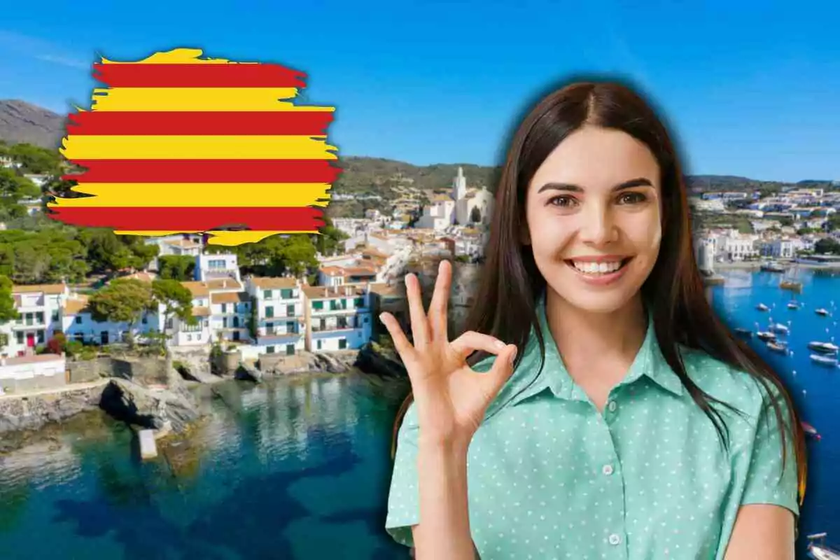 Fotomontaje con una imagen de fondo de Cadaqués, al frente una mujer diciendo 'ok' y una bandera catalana