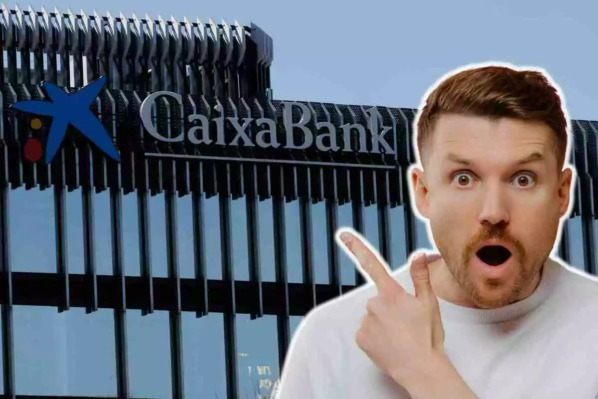 Un hombre sorprendido señala hacia el logotipo de CaixaBank en un edificio moderno.