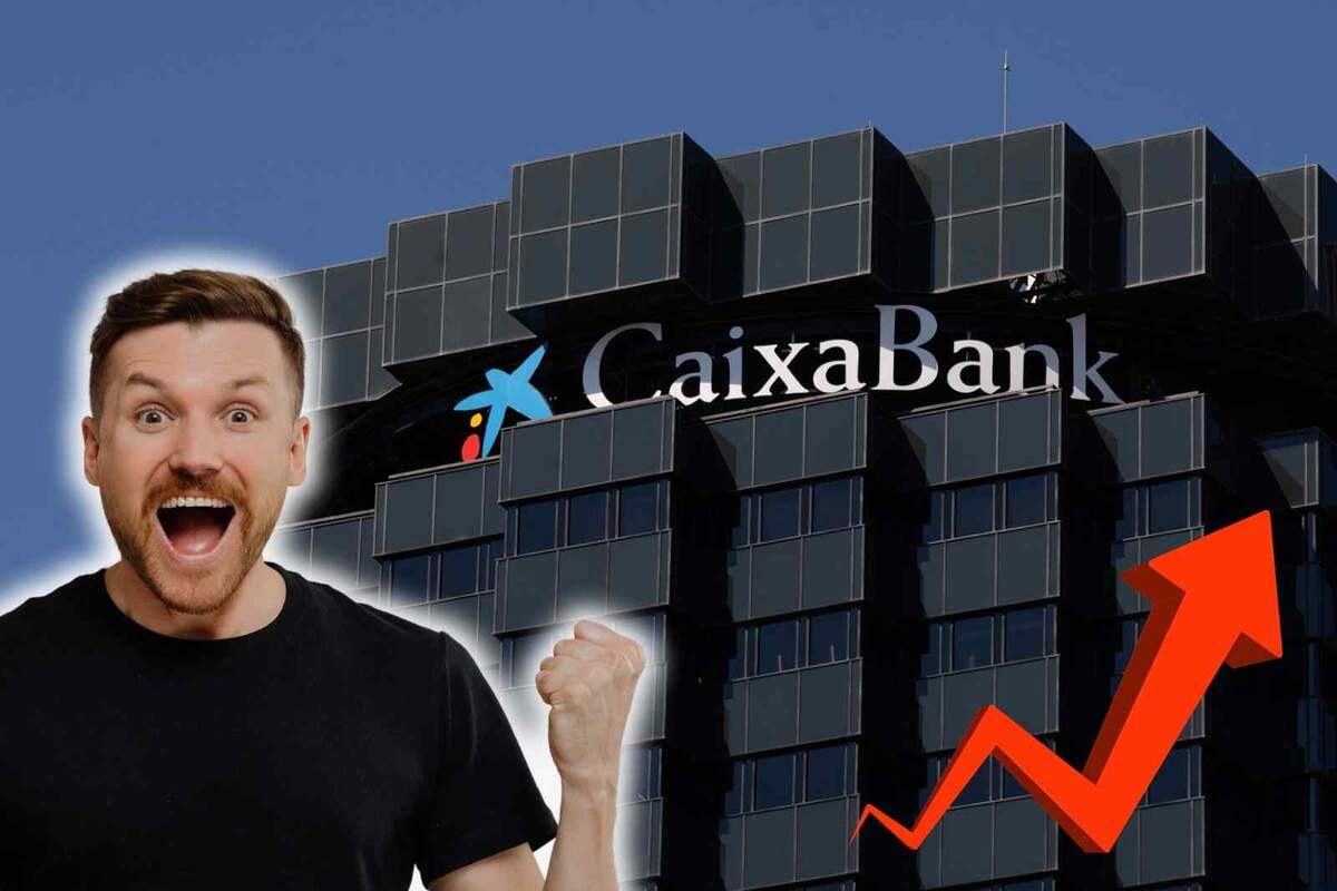Fotomontaje con una imagen de fondo de CaixaBank y al frente un hombre contento y un gráfico con flecha roja ascendente