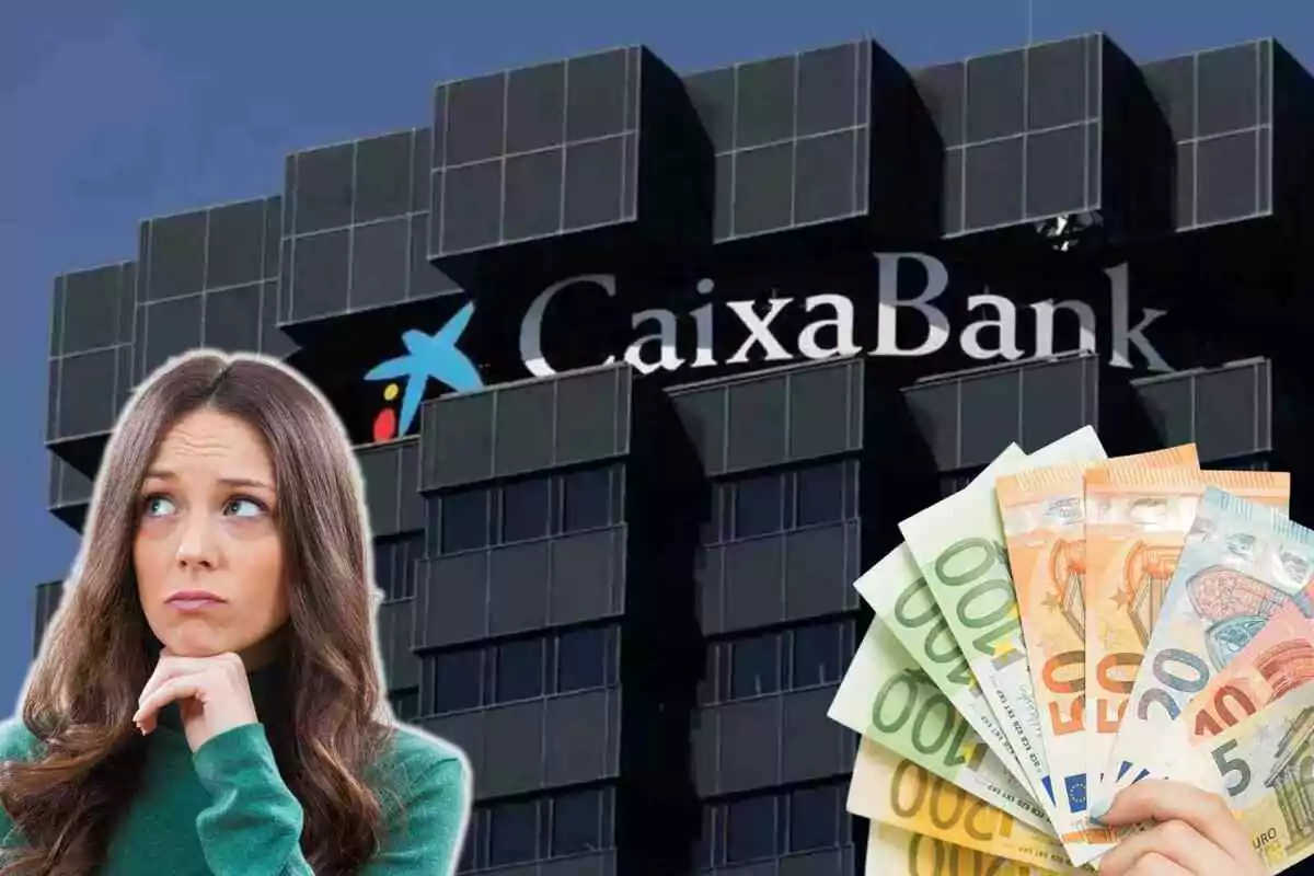 Fotomontaje con una imagen de fondo de CaixaBank, al frente una mujer preocupada y un abanico de billetes de euro