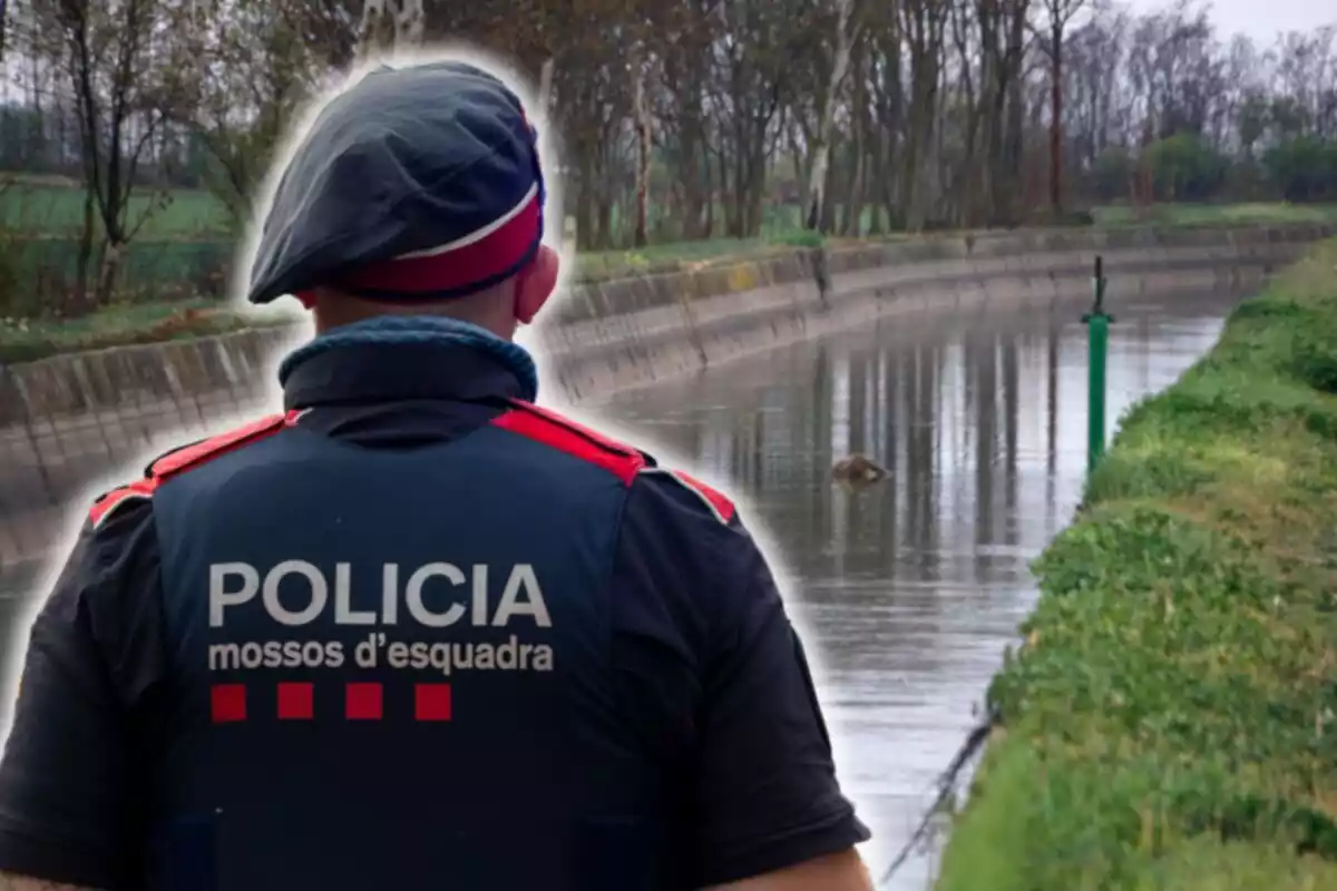 Fotomontaje con una imagen de fondo del canal de Urgell y al frente un agente de los Mossos d'Esquadra