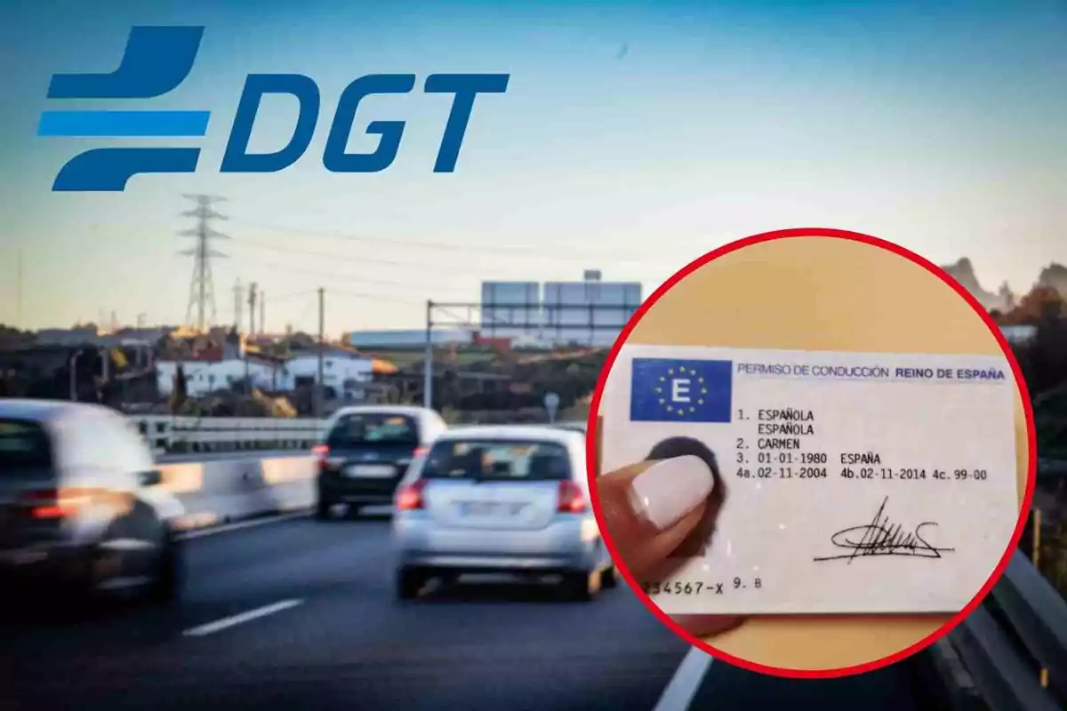 Fotomontaje con una imagen de fondo de una carretera con coches, al frente una redonda roja con un carnet de conducir y el logo de la DGT