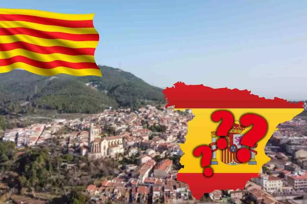 Fotomontaje con una imagen de fondo de Castellar del Vallès, al frente un mapa de España con interrogantes y una bandera catalana
