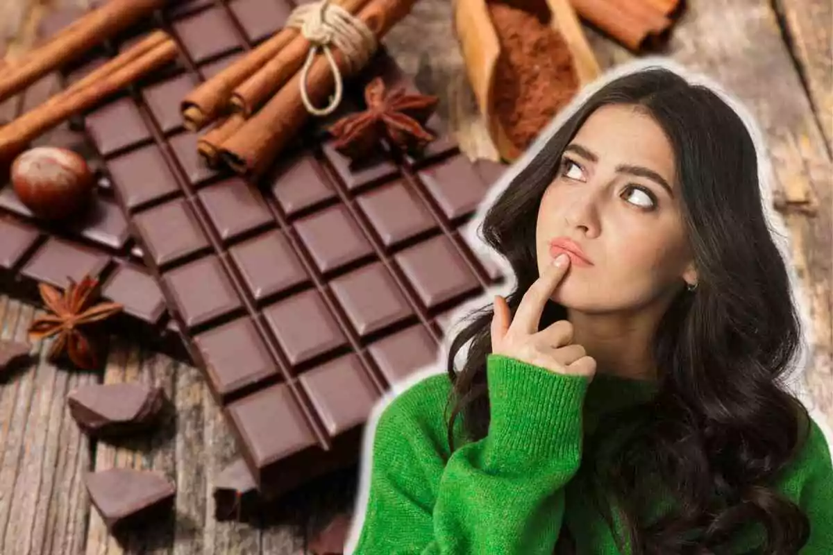 Una mujer con suéter verde mira pensativa mientras toca su labio, con barras de chocolate, canela y anís estrellado en el fondo. Una mujer con suéter verde mira pensativa mientras toca su labio, con barras de chocolate, canela y anís estrellado en el fondo.