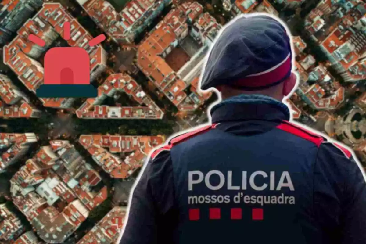 Un agente de los Mossos d'Esquadra de espaldas con un fondo de vista aérea de Barcelona y un icono de sirena roja.