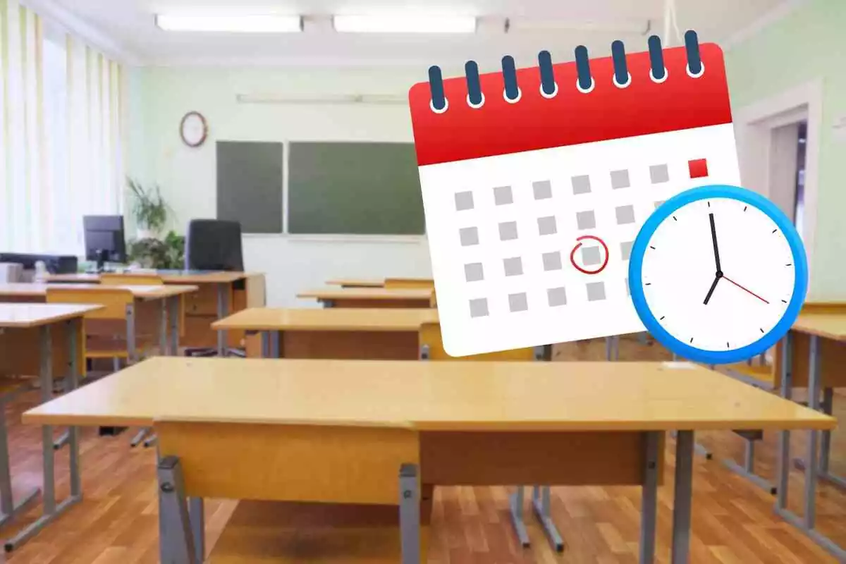 Fotomontaje con el fondo de una aula escolar y al frente un calendario con un reloj
