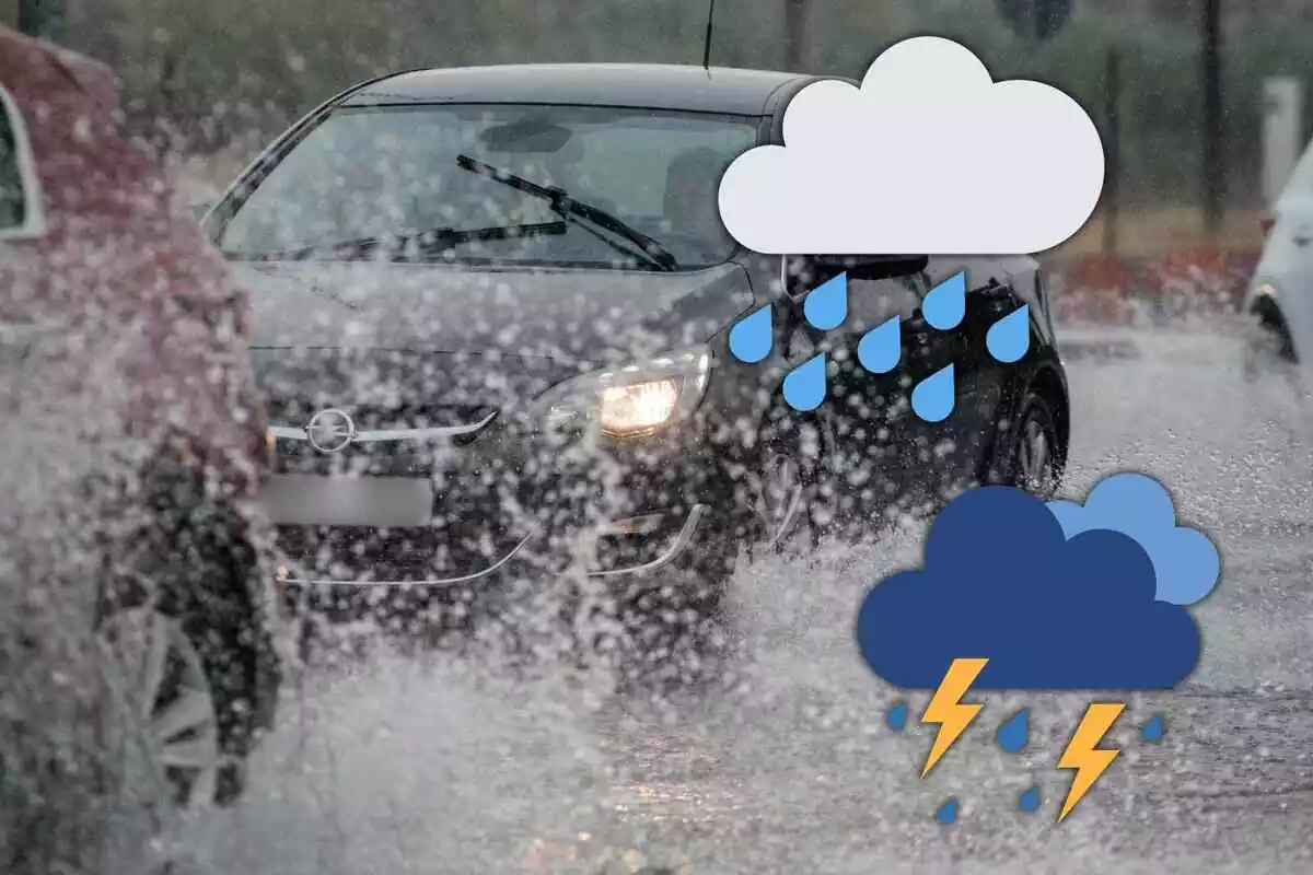 Fotomontaje con un fondo de un coche en una inundación y emojis de lluvia y tormenta