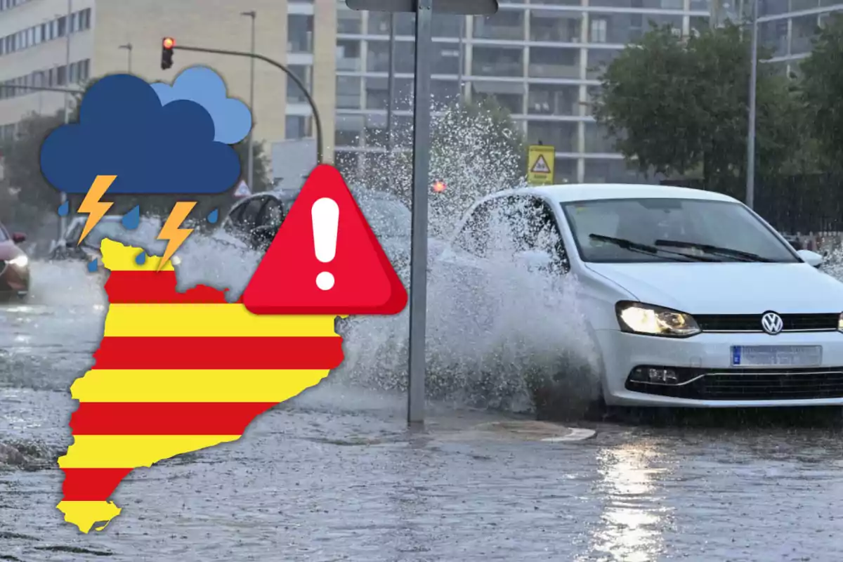 Un coche blanco salpicando agua en una calle inundada con un gráfico de advertencia meteorológica sobre Cataluña.