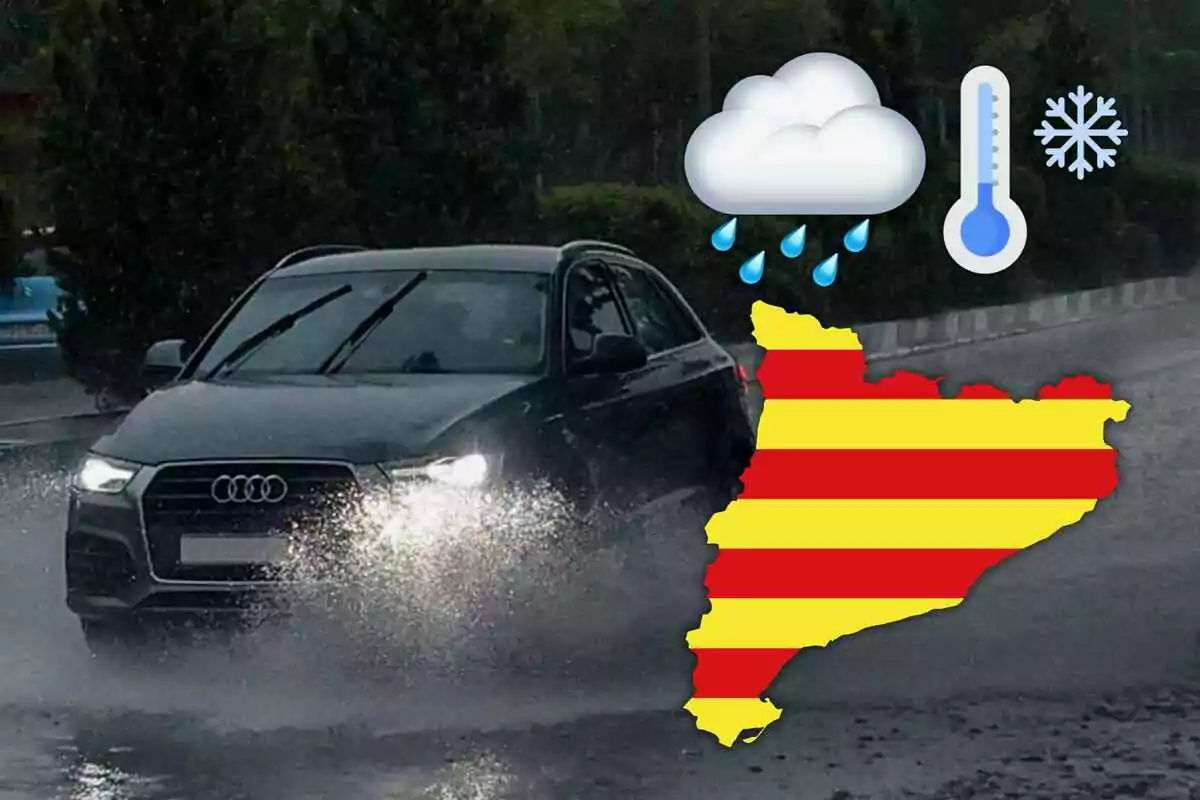 Coche Audi circulando en una carretera mojada con iconos de lluvia, temperatura y nieve junto a un mapa de Cataluña.