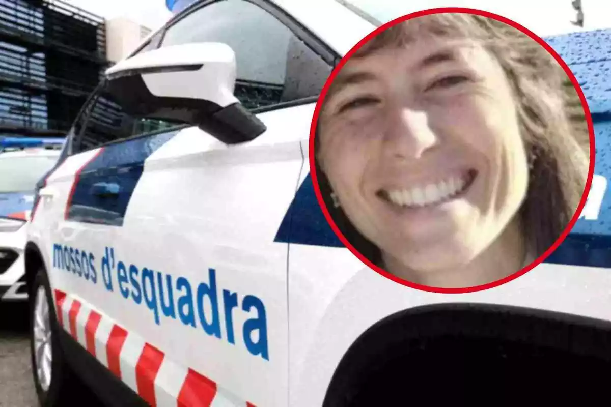 Fotomontaje con una imagen de fondo de un coche de los Mossos d'Esquadra y al frente una redonda roja con la imagen de María Orellana Solé