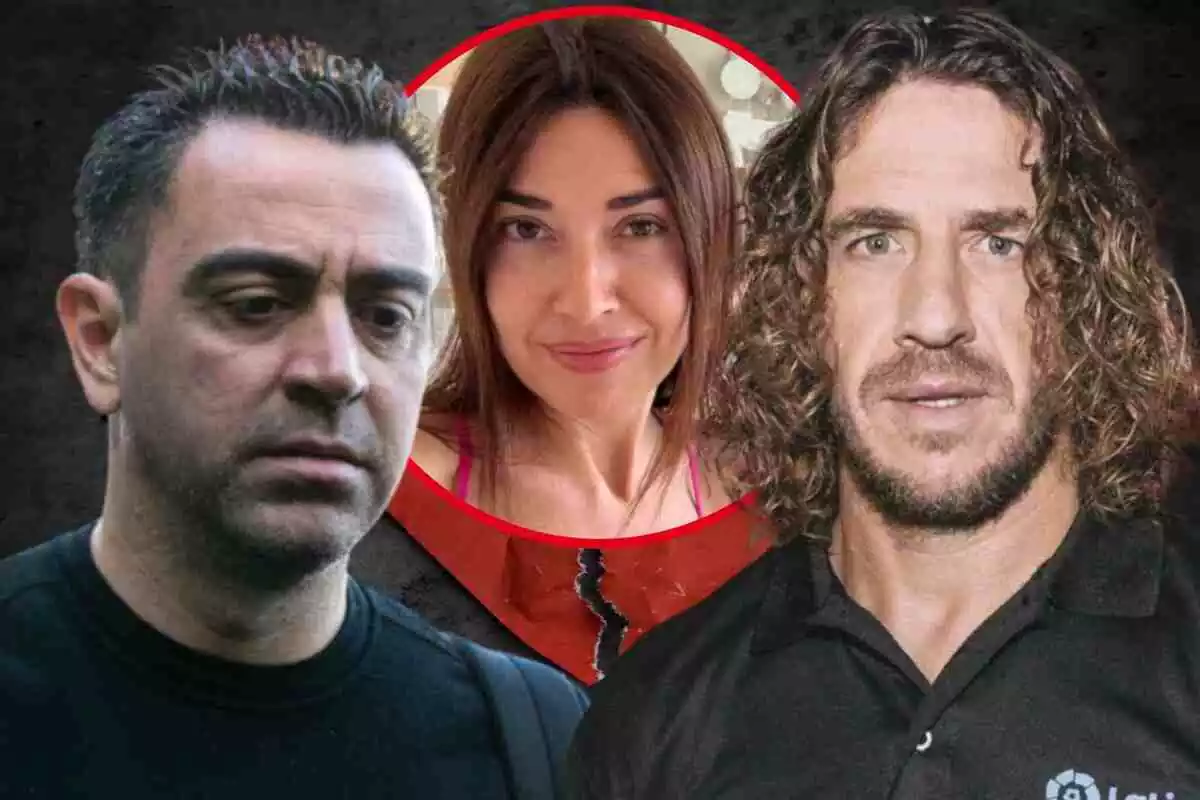 Fotomontaje con un fondo de un corazón roto, al frente Xavi Hernández y Carles Puyol con una redonda roja de Núria Cunillera