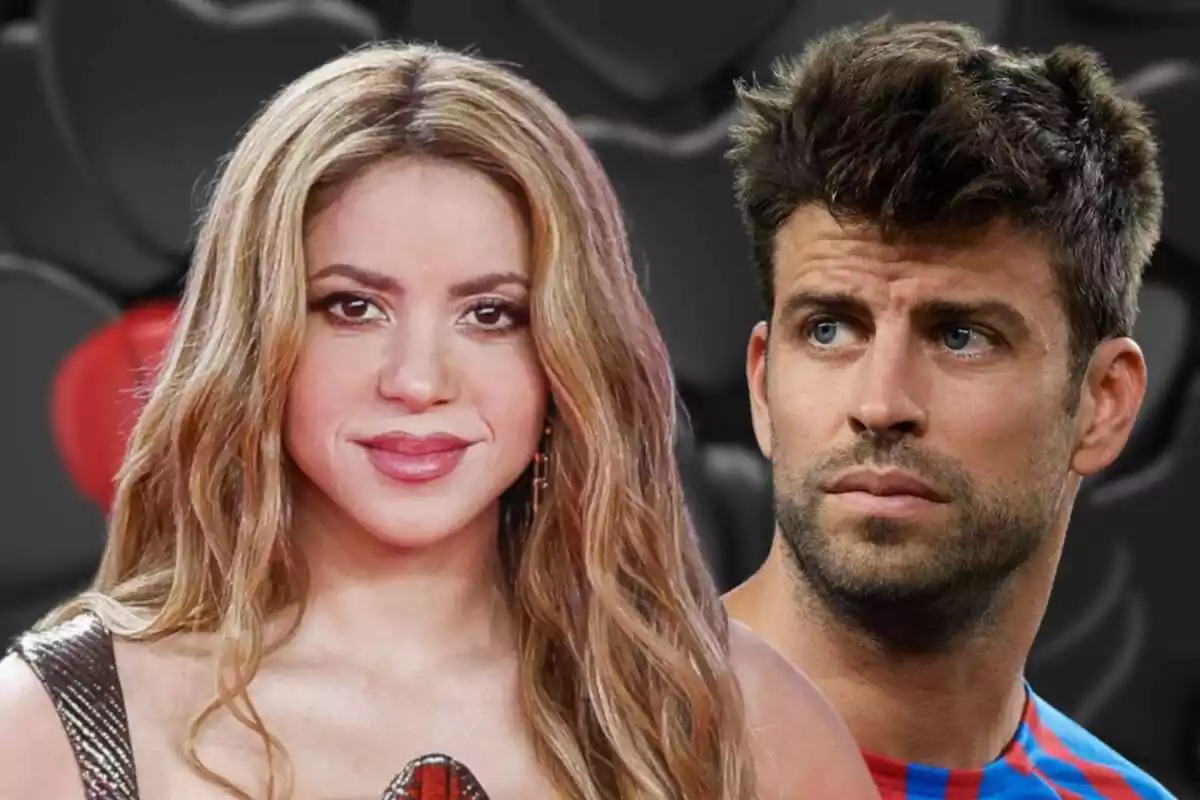 Fotomontaje con una imagen de fondo de corazones y al frente Shakira y Gerard Piqué