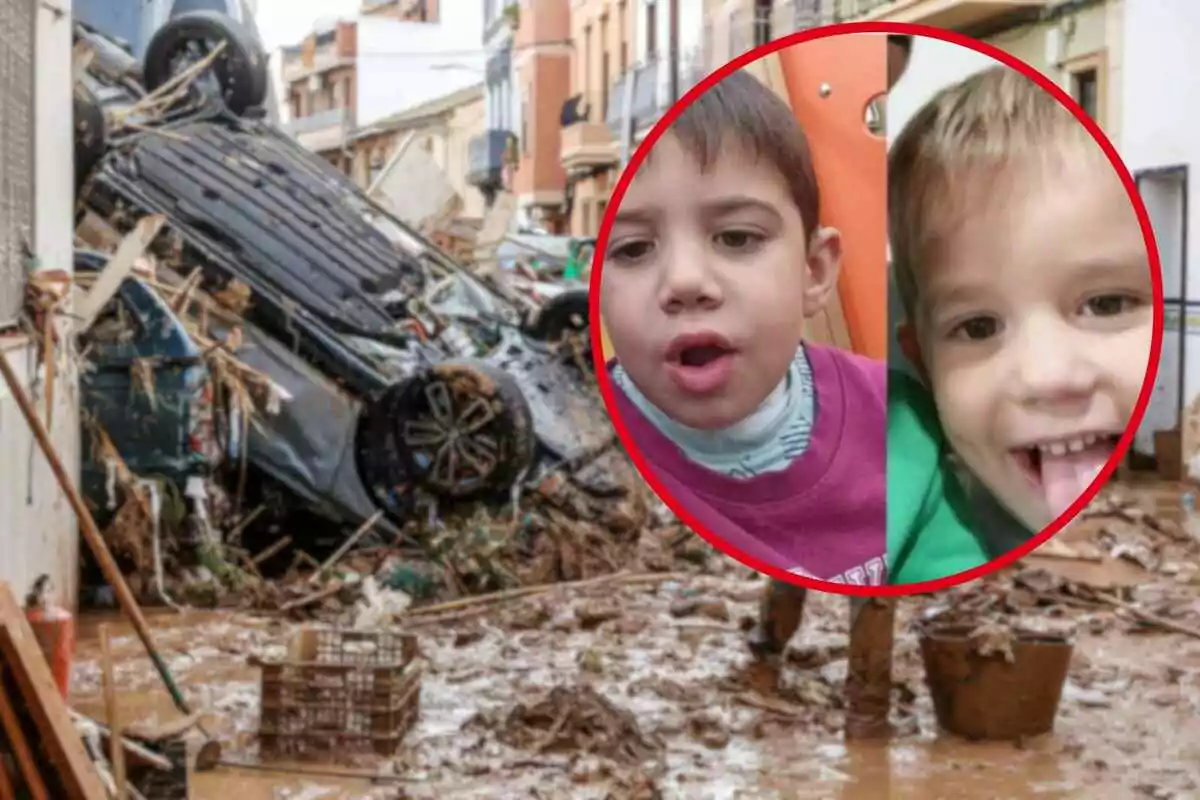 Una calle inundada con un coche volcado y escombros en Valencia, junto a un recuadro que muestra a dos niños, Izan y Rubén.