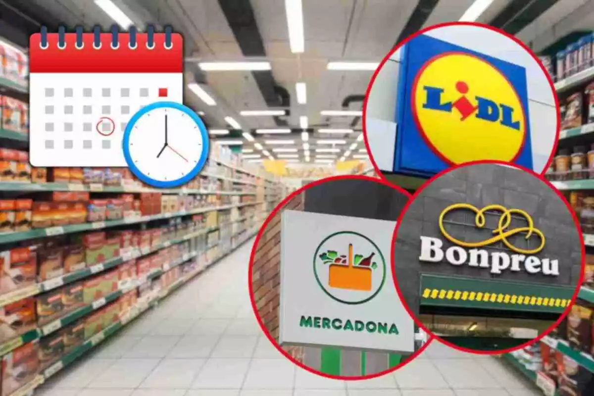 Fotomontaje con una imagen de fondo de un supermercado, al frente los logos en redondas rojas de Mercadona, Lidl y Bonpreu, y un calendario con un reloj