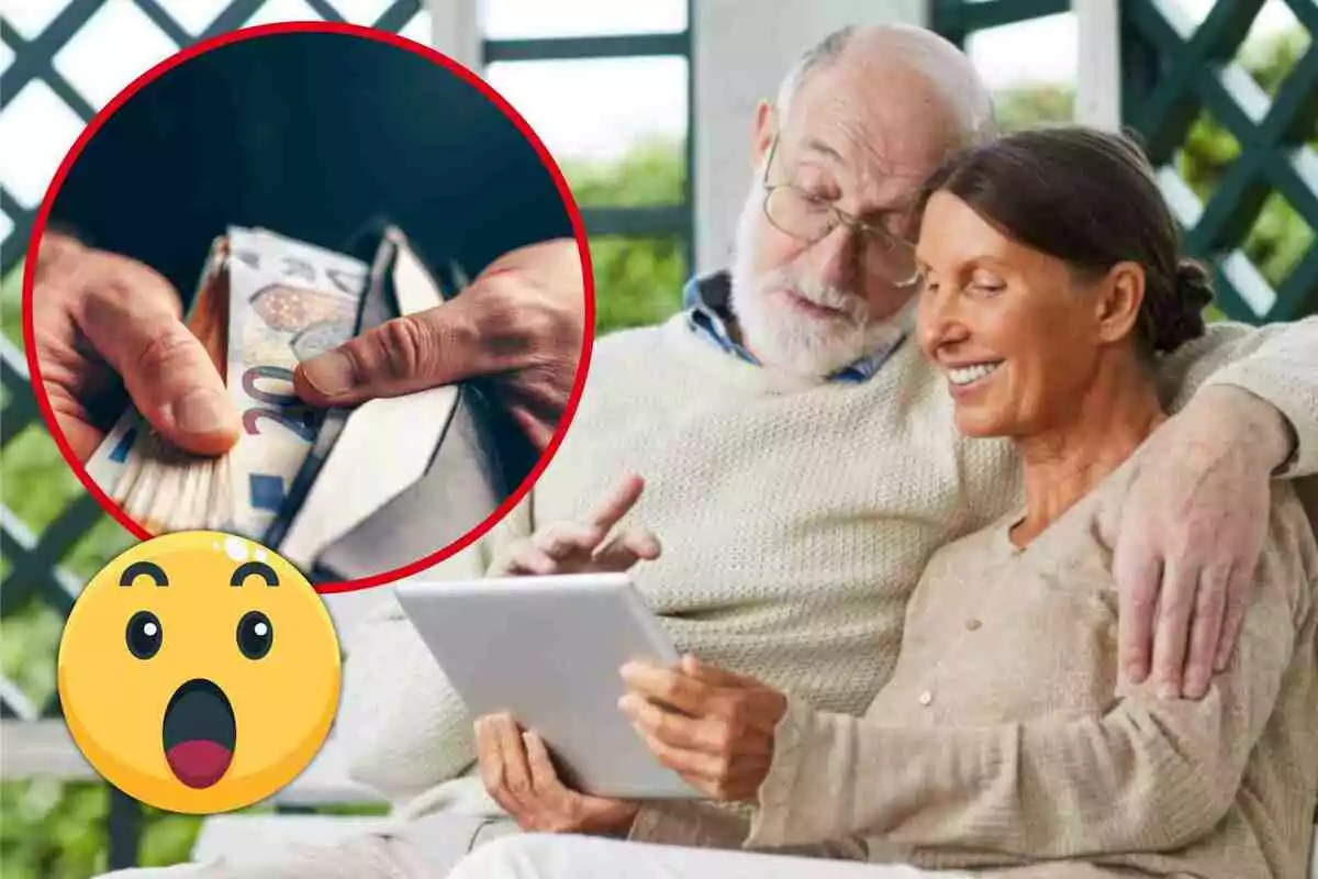 Una pareja de personas mayores sonríe mientras mira una tableta, con una imagen superpuesta de una mano contando billetes de euro y un emoji sorprendido.