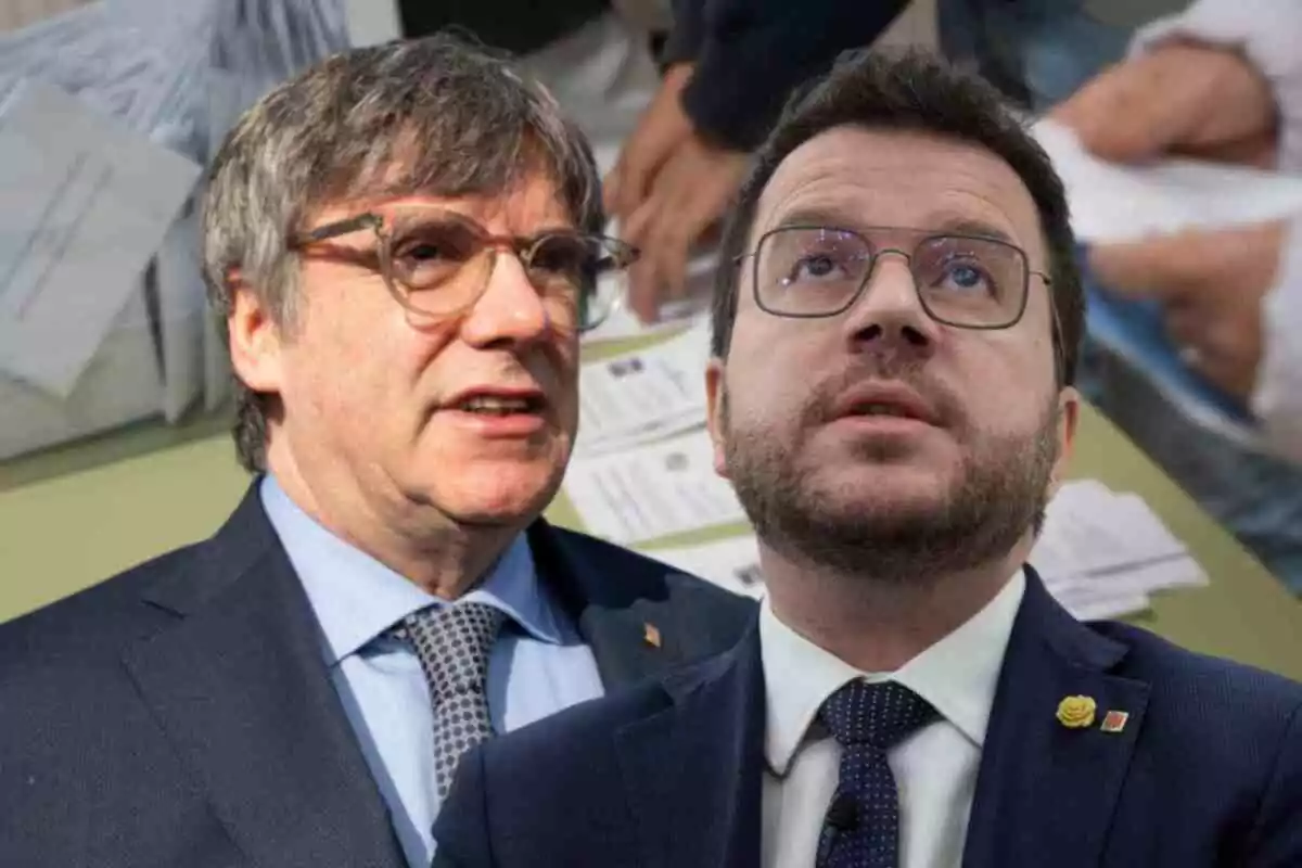 Fotomontaje con un fondo del recuento de unas elecciones y al frente Carles Puigdemont y Pere Aragonès